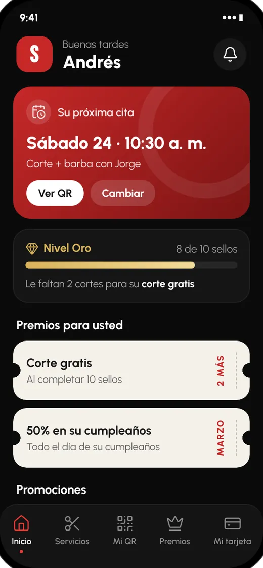 Pantalla del cliente en Fígaro: próxima cita y premios