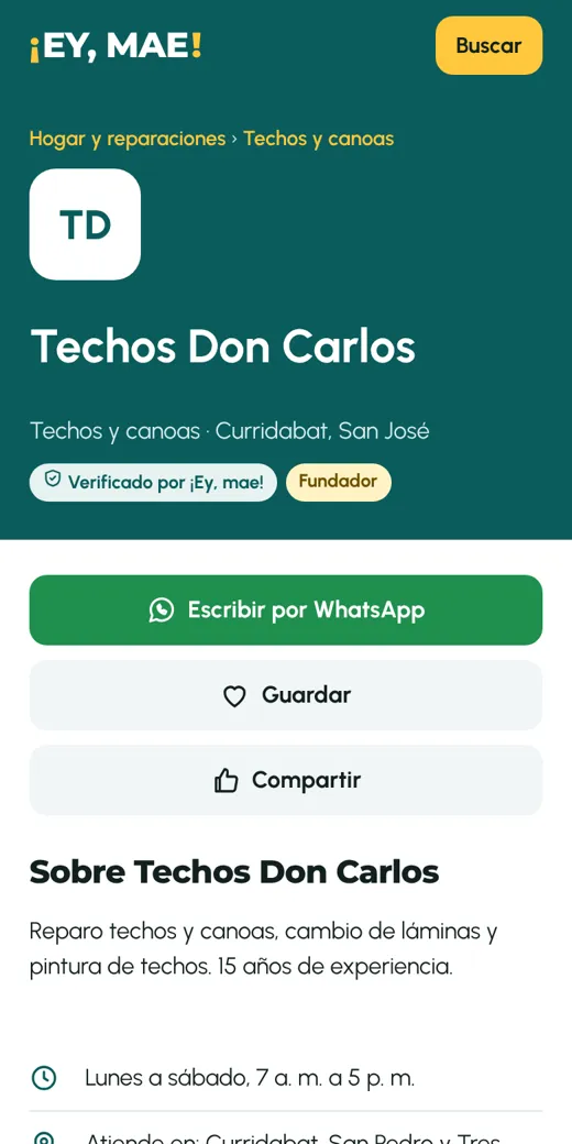 Ejemplo de la página de un negocio en ¡Ey, mae!
